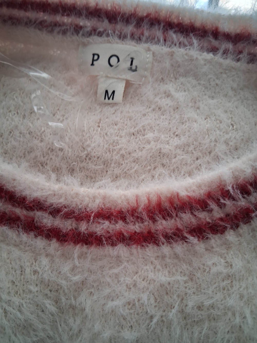 POL white fuzzy crewneck sweater with red stripe detail